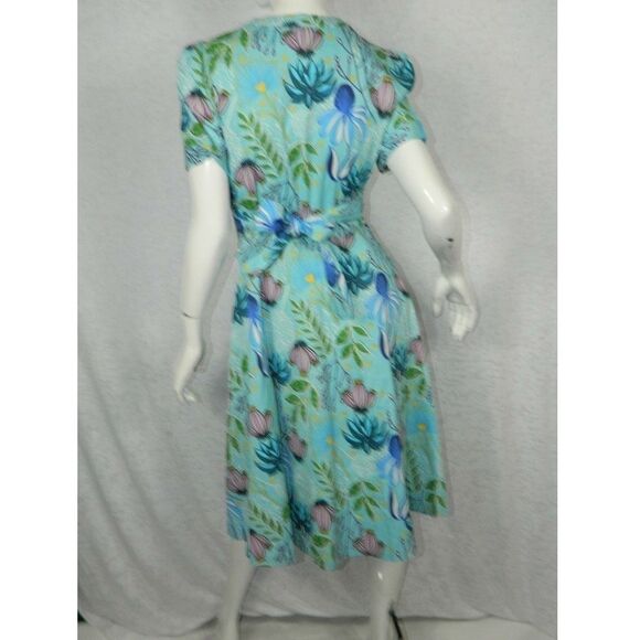 Lindy Bop Dress Turquoise Blue Floral Print Pinup Swing Dress Size 10 - Picture 2 of 11